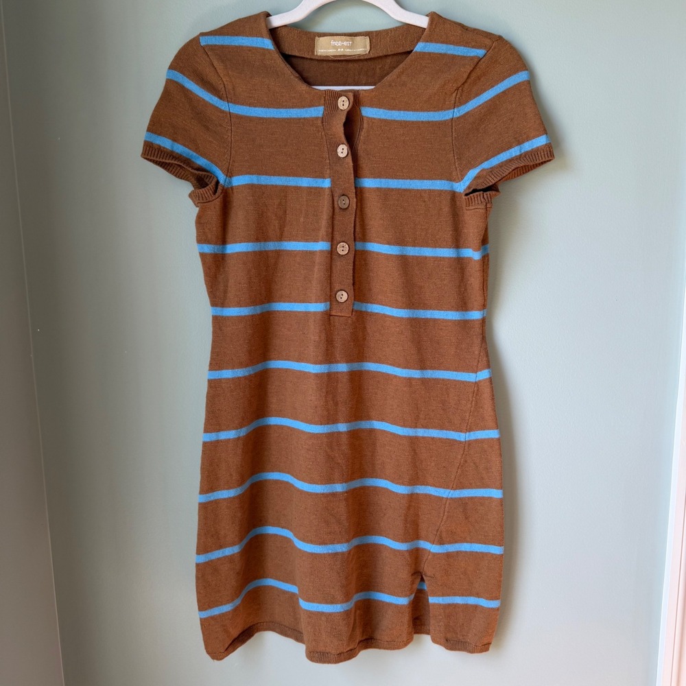 Free People free-est Sinclair Sweater Mini Dress Brown Blue Stripe Henley Knit M